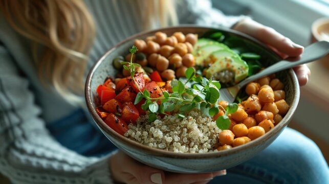 Close up view of a woman enjoying a nutritious and colorful Buddha bowl filled with quinoa chickpeas roasted vegetables and fresh greens  The vibrant dish represents a balanced healthy