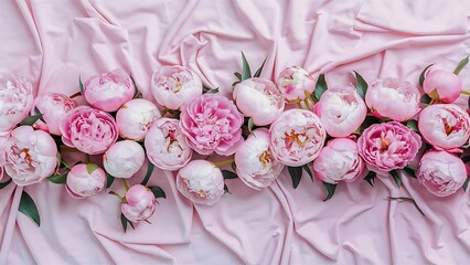 Beautiful pink peonies on pink background top view flat lay