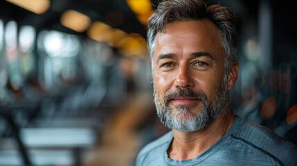 Fototapeta premium A mature man with salt-and-pepper hair and a beard smiles confidently in a gym, radiating a sense of accomplishment, health, and vitality amidst strong gym atmosphere.