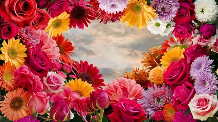 Top view of colorful roses gerbera and chrysanthemum flowers