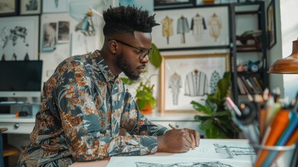 A stylish and creative fashion designer deeply focused on sketching and designing new clothing pieces in their modern and inspiring studio workspace surrounded by fashion and the tools of their craft
