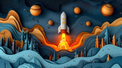 Paper craft spaceship soaring through the cosmos, ideal for sci-fi book covers or posters. Illustration, Minimalism,