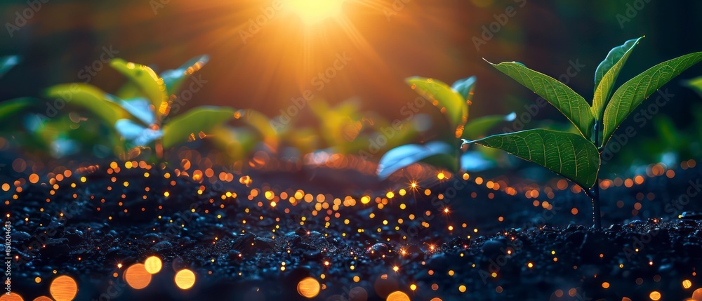 Wall mural Plants grow in soil, illuminated by floating light particles, against a softly blurred outdoor scene during sunrise or sunset, embodying natural renewal