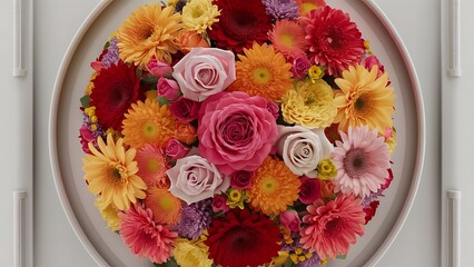 Top view of colorful roses gerbera and chrysanthemum flowers