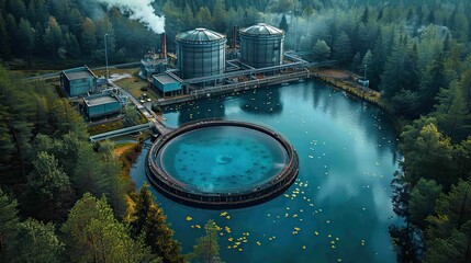 Aerial view of geothermal power station showcases green integration with nature, capturing soft light and shadows with ample space for text. illustration images