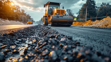 road special equipment lays new asphalt pavement on the road, road repair, replacement of asphalt
