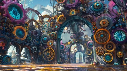 Fantastical Contraptions: Colorful Gears and Machinery in an Imaginative Fantasy Realm