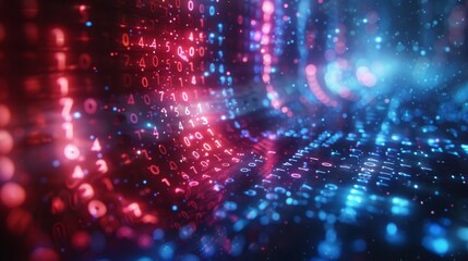 A vibrant digital data stream pulses with red and blue numerical patterns, representing the flow of information in a modern, high-tech and interconnected world.