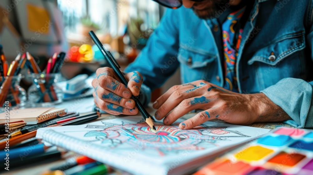 Aufkleber a fashion engrossed in the process of conceptualizing and sketching new design ideas on a sketchpad 