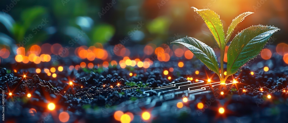 Wall mural green plants thrive in soil, bathed in sunlight particles, against a blurred outdoor backdrop