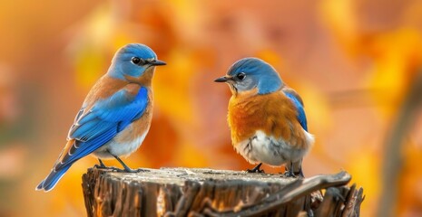 Fototapeta premium Bluebirds perched on a tree stump, with a natural background, scenic beautiful view