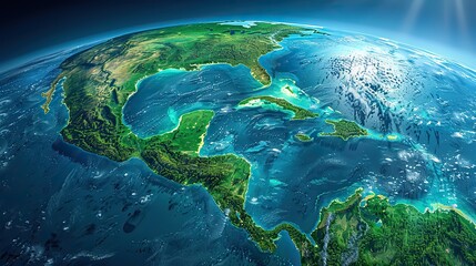 Fototapeta premium Panoramic map of Central America and the Caribbean, showcasing Earth landforms in vivid 3D detail. illustration images