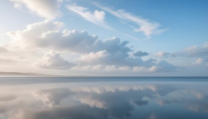 A peaceful coastal background with a calm, reflective surface and a wispy, ethereal clouds