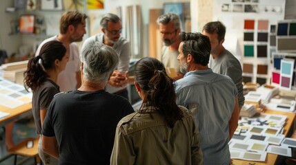 Group of designers and creatives gathered around a workspace for a color palette development meeting discussing and selecting color swatches and samples for an upcoming project or product