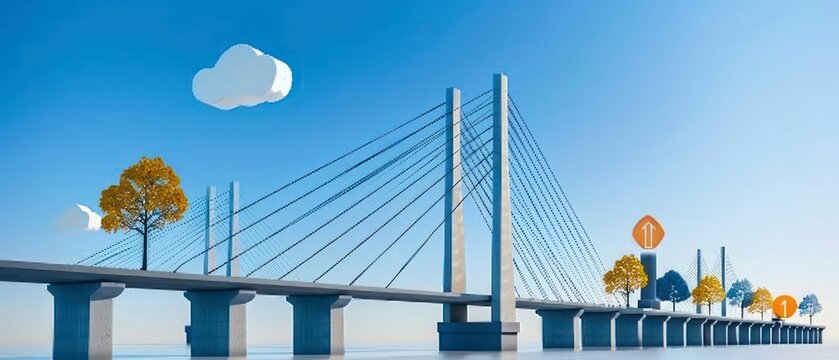 suspension bridge, connecting people and ideas across rivers and skies, symbolizing global communication and internet technology