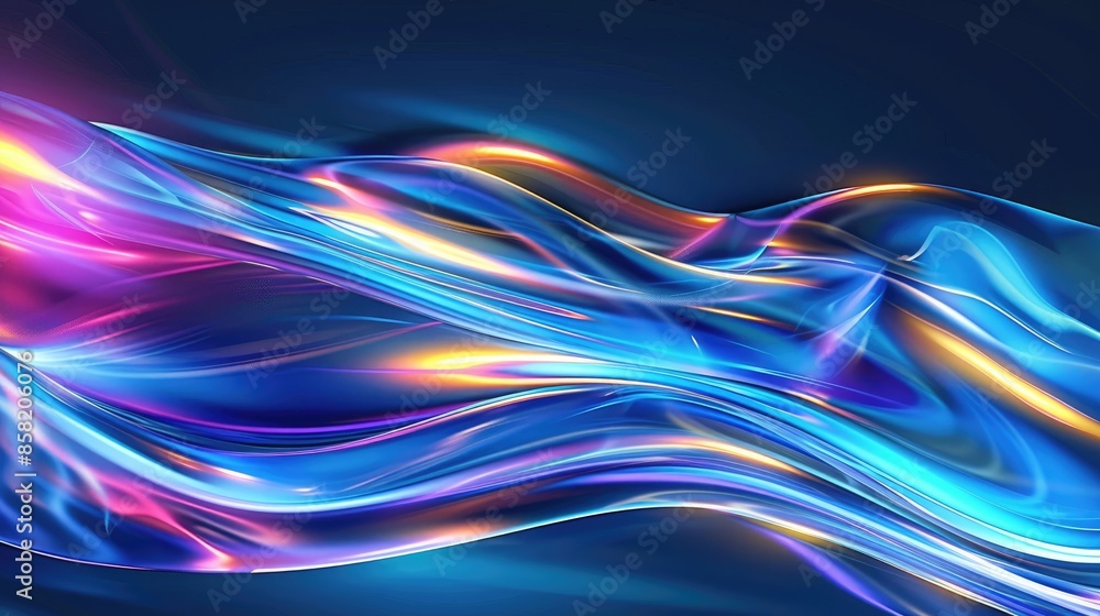 Poster abstract 3d blue light waves with hints of rainbow colors, creating a vibrant and dynamic futuristic