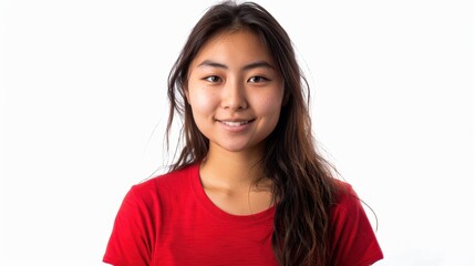 Happy, attractive young Asian woman wearing a red t-shirt on a white backdrop. Happy soccer supporters