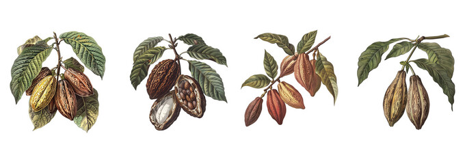 Cocoa bean set on transparent background. Botanical illustration.