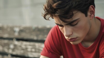 A dejected young football player sits alone on a wooden seat and looks down against a white backdrop. - Powered by Adobe