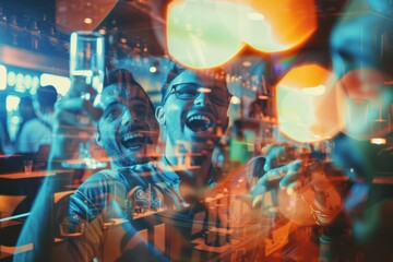 Fototapeta premium cheering soccer supporters as they watch a game on TV in a tavern.