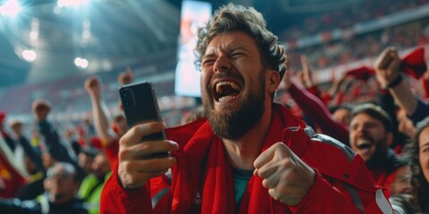 Sport Stadium Soccer Match: Caucasian Man Watching App, Bet, Score, Winnings, Cheering for Red Team to Win. Audience Celebrates Championship Win and Goal