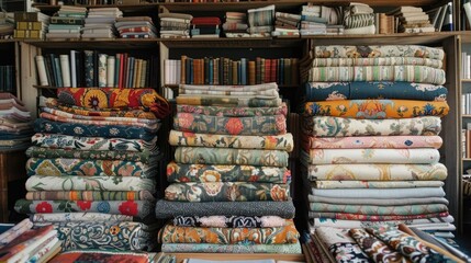 A cozy and creative designer s fabric library filled with an abundance of various textile patterns colors and designs showcasing the diversity and within this artisanal collection