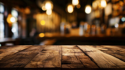 A wooden table with a blurry background and lights in the background. The scene is warm and inviting