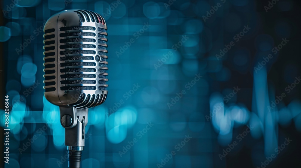 Poster illustrates a microphone with a waveform displayed on a blue background, ideal for a broadcasting or