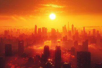 Fototapeta premium Futuristic Sunset Over City Skyline, Urban Heat, Climate Change, Global Warming, Summer Haze, Bright Sun, High Temperature, Environmental Impact