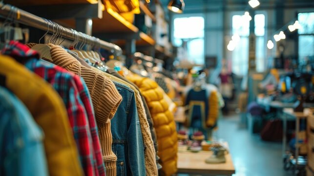 Innovative clothing design solutions being developed in a modern creative studio environment with various fashion merchandise on display