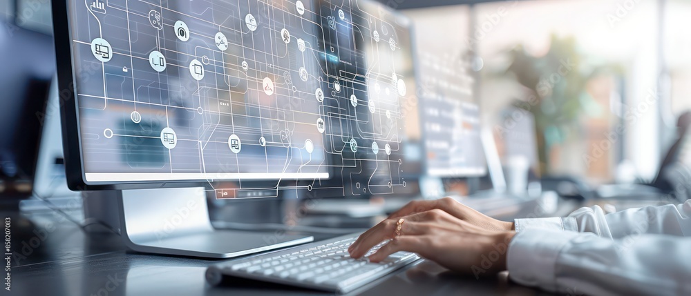 Poster business professional types on a computer amidst floating social media icons and glowing connection 