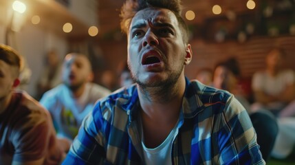 Sports enthusiasts disappointed as they watch a horrible, horrible soccer match on TV. Disappointed and startled young men's faces after losing a football match