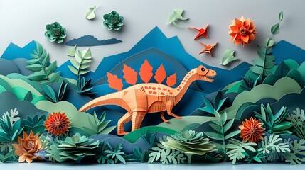 Paper craft dinosaurs in a prehistoric landscape, ideal for children's educational materials. Illustration, Minimalism,