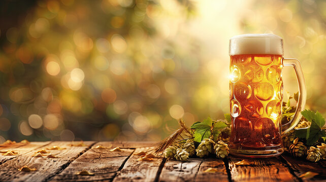 Beer and hop on table autumn background with copy space