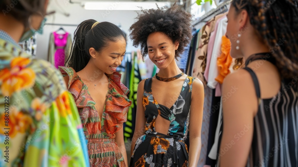 Wall mural Diverse group of models styling various outfits and accessories during a designer clothing boutique styling session  The vibrant