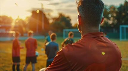 Professional soccer team training and tactical coaching: a football coach explaining to players the game plan, tactics, and workout regimen. Coach Encourages Players