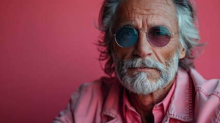 Obraz premium A distinguished elderly man sporting sunglasses and a pink jacket, exuding a confident and stylish aura against a vivid pink background, emphasizing a blend of age and modernity.