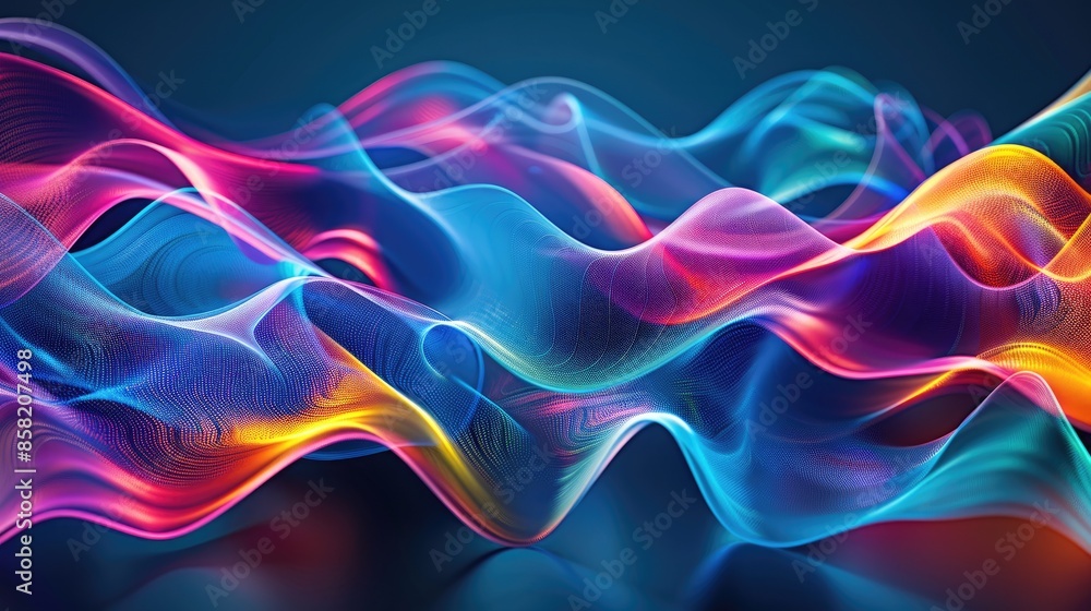 Poster 3d abstract blue light background with flowing waves and a touch of rainbow colors, creating a dynam