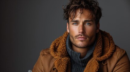 A young man with tousled hair and piercing blue eyes gazes confidently, adorned in a cozy brown jacket and grey sweater, exuding rugged charm and intensity.