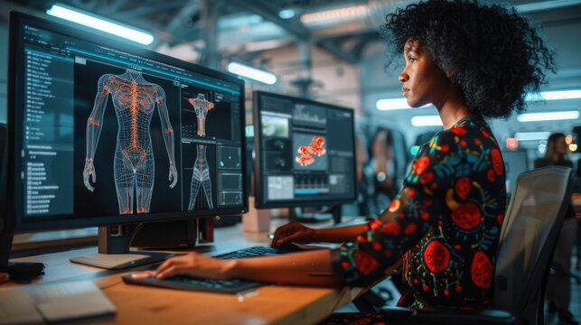 Woman using advanced virtual design technology and digital interfaces to create innovative fashion concepts and digital design prototypes in a futuristic high tech workspace - Powered by Adobe
