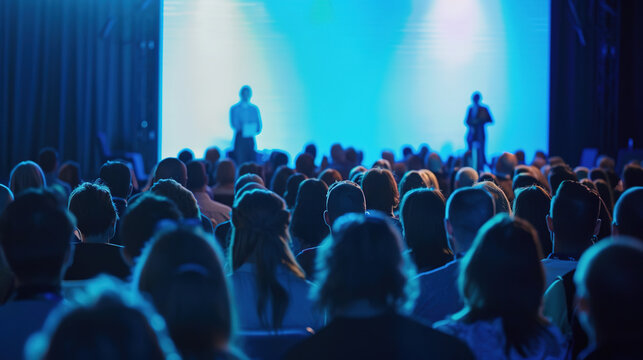 Audience Engaged: Crowd Watching Two Presenters on Stage at Blue-Themed Event with White Backdrop Screen