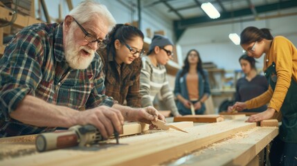 Adults learning woodworking in a community education class