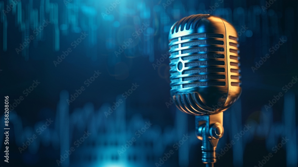Poster illustrates a microphone with a waveform displayed on a blue background, ideal for a broadcasting or