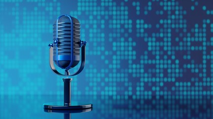 Illustrates a microphone with a waveform displayed on a blue background, ideal for a broadcasting or podcasting banner.
