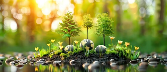 Earth-themed decorations and greenery symbolize unity and care for the planet, promoting environmental awareness and global solidarity