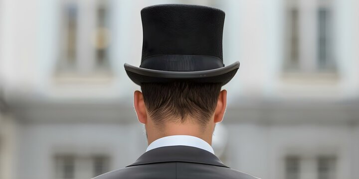Man in formal attire and top hat seen from behind at event. Concept Formal Event, Top Hat, Back View, Classic Style, Elegant Outfit