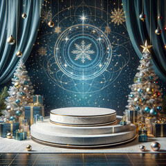 Product display podium scene with blue textile cloth and Christmas decorations. Generative AI