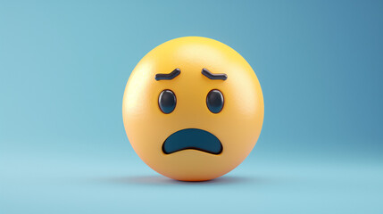 Fototapeta premium A 3D luxury yellow face emoji with a sad frown and tear-filled eyes, isolated on a white background with copy space for text. Sad emoji on a yellow background. Sad emoji kid standing alone in rainy. 