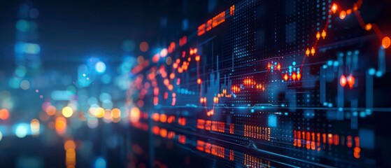 Technology merges with business as digital data charts and graphs monitor financial waves, illustrating stock patterns and market trends