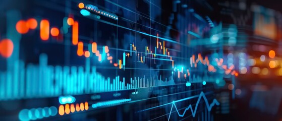 Technology merges with business as digital data charts and graphs monitor financial waves, illustrating stock patterns and market trends
